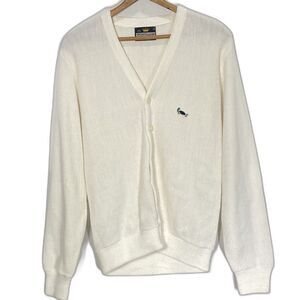 Vintage SPORTSWEAR Cardigan Sweater Turtle V-Neck Button Long Sleeve Men S Cream